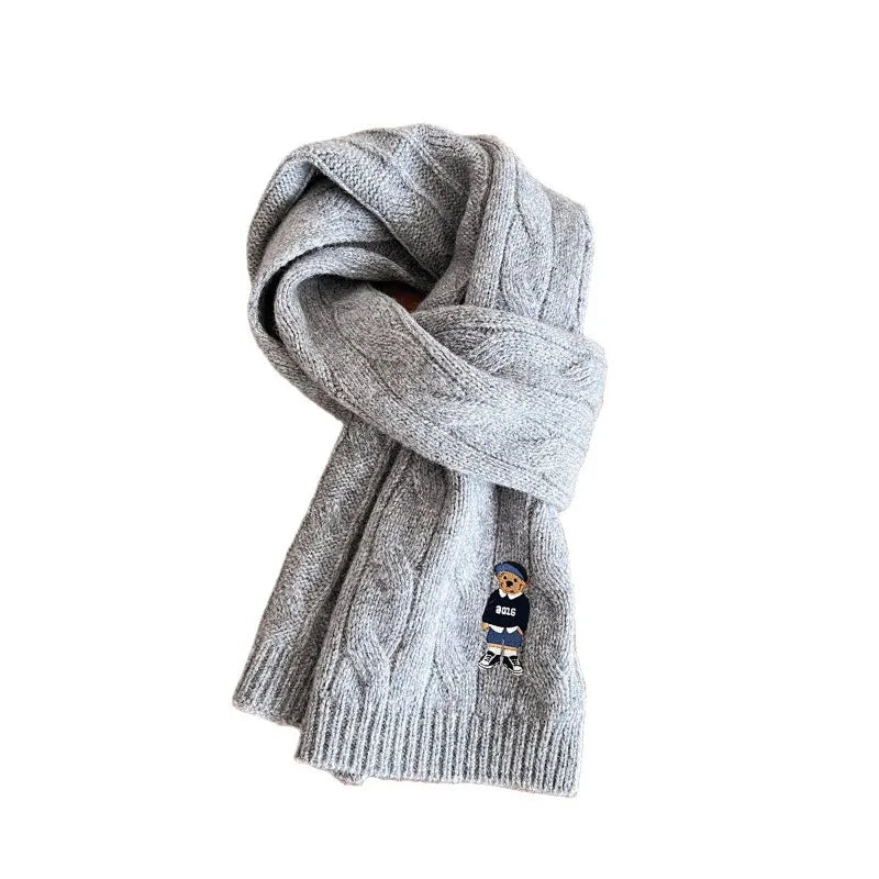 Écharpe 100% Laine Australienne – Tricot Torsadé Épais, Style Vintage avec Ours Brodé