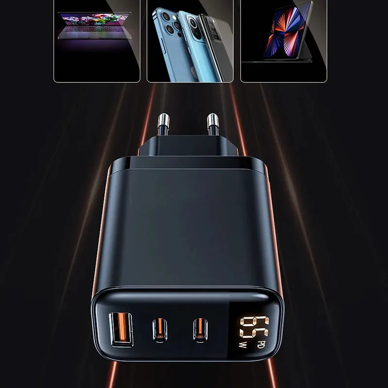Chargeur USB-C 65W – Triple Port Charge Rapide pour iPhone, Samsung, PC Portable et Tablette
