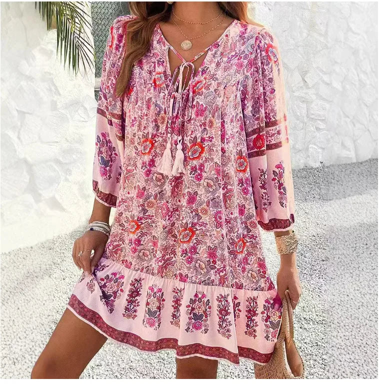 Robe Automnale Mi-longue à Imprimé Bohème – Col V à Lacets Pompom