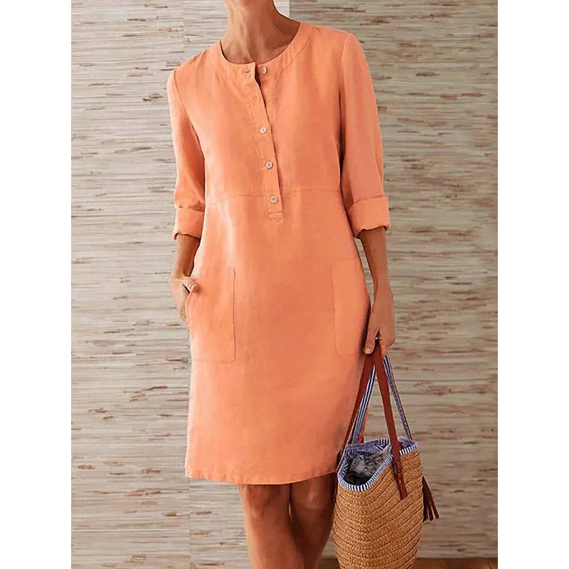 Robe Tunique à Col Mao, Larges Poches & Manches 3/4 Retroussées