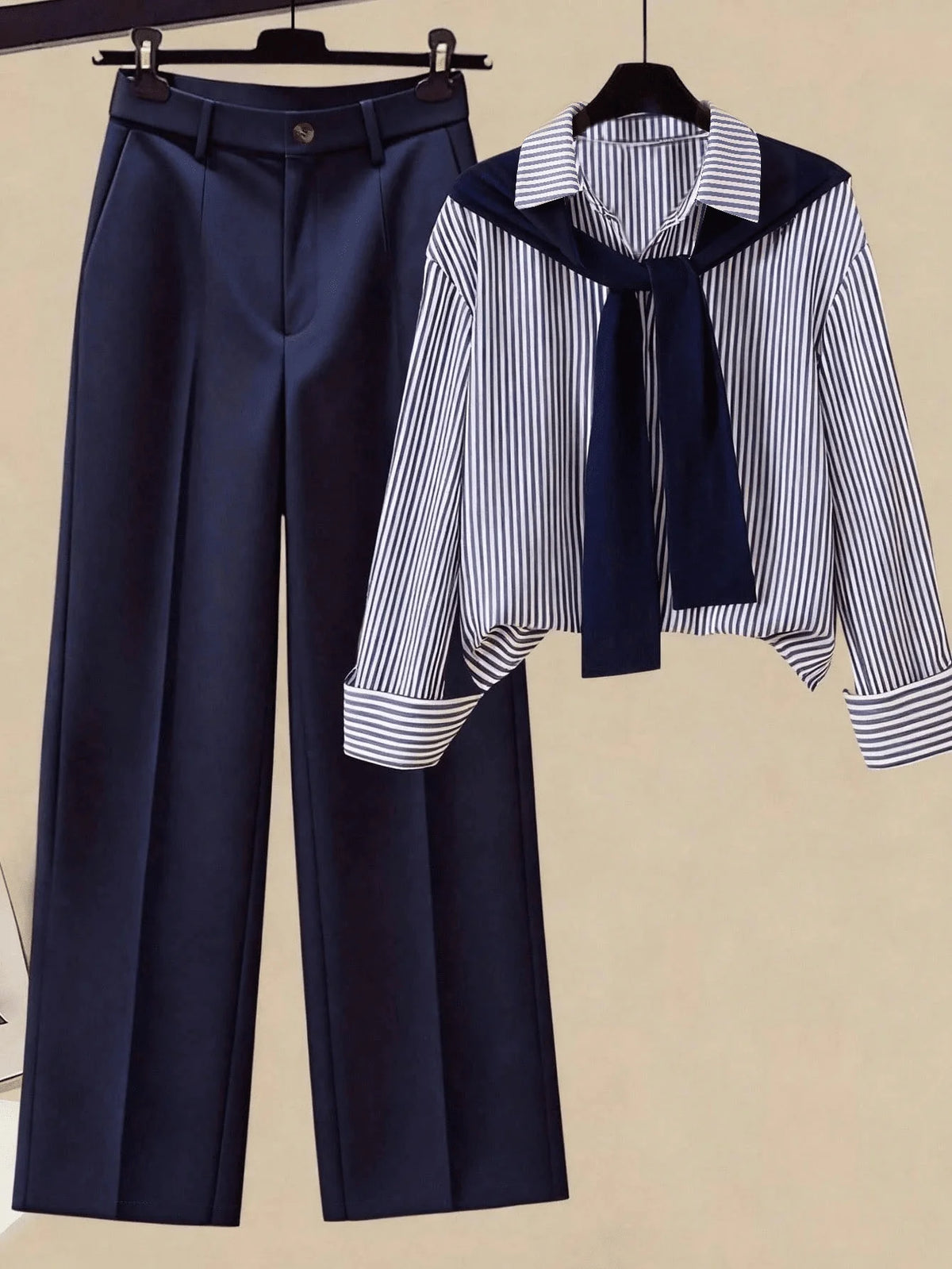 Ensemble Tailleur Femme 2PCS Casual Chic – Chemise Rayée avec Sur-Pull et Pantalon Large Taille Haute
