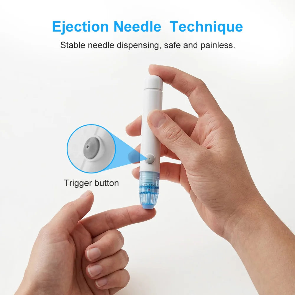 Autopiqueur Réglable 12 Niveaux – Prélèvement Sanguin Rapide & Confortable – Kit avec 50 Bandelettes pour Tests de Glycémie & Cétones