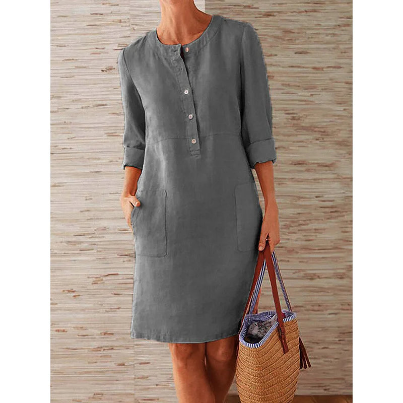 Robe Tunique à Col Mao, Larges Poches & Manches 3/4 Retroussées