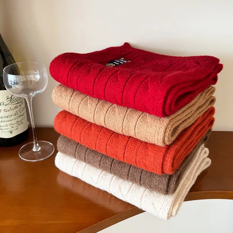 Écharpe 100% Laine Australienne – Tricot Torsadé Épais, Style Vintage avec Ours Brodé