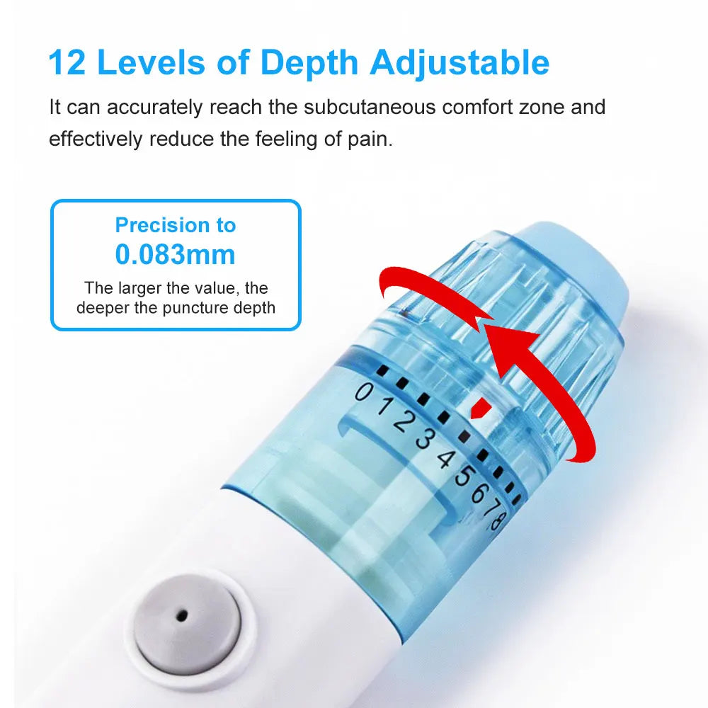 Autopiqueur Réglable 12 Niveaux – Prélèvement Sanguin Rapide & Confortable – Kit avec 50 Bandelettes pour Tests de Glycémie & Cétones