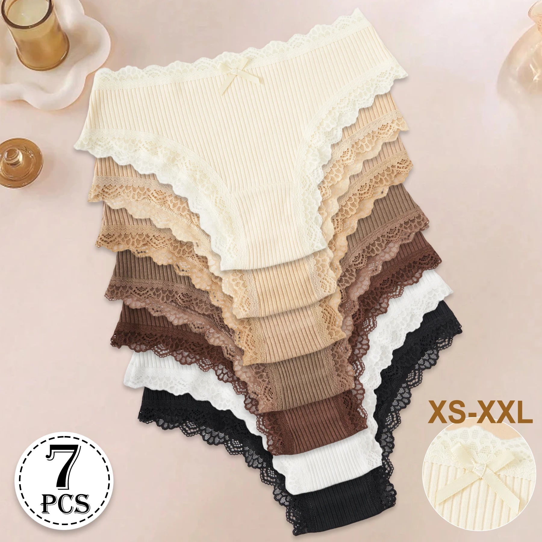 Lot de 7 Culottes Femme en Coton avec Dentelle – Respirantes, Douces & Confortables