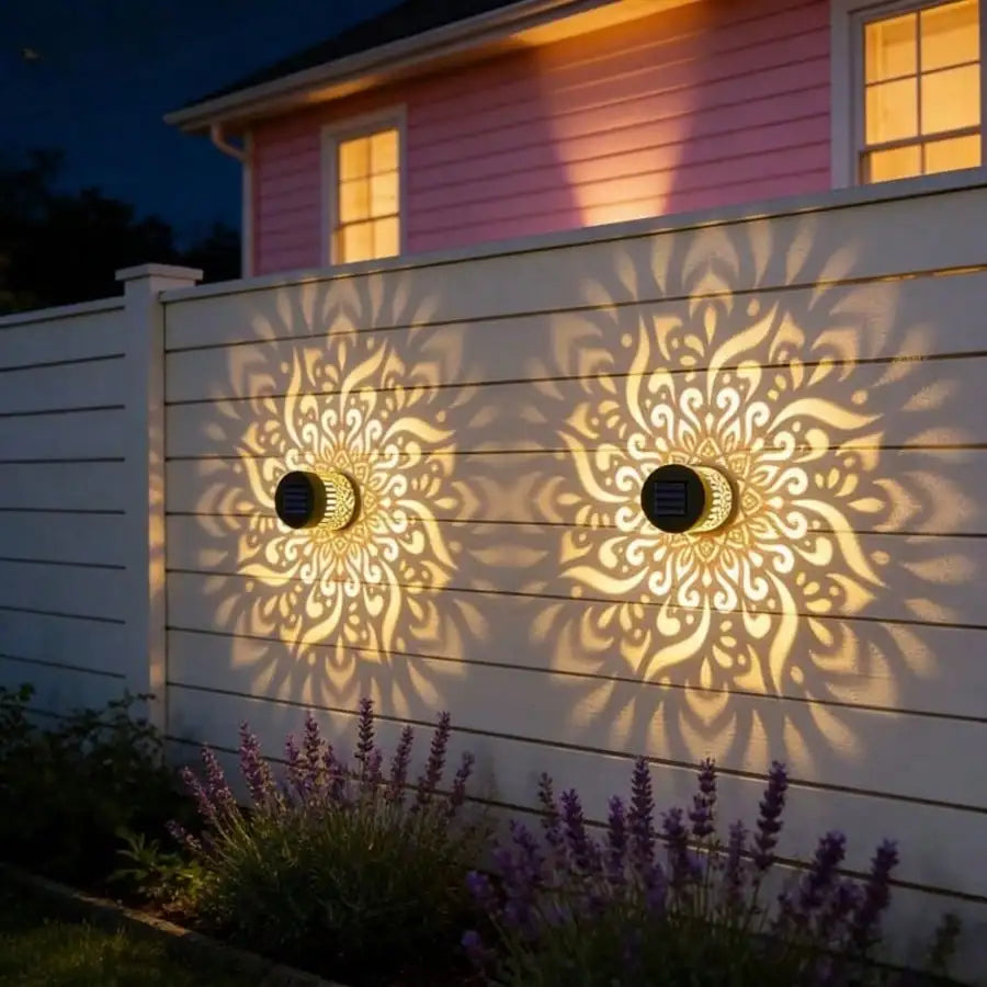 Lot de 2 Lampes Murales Solaires Mandala – Éclairage LED Décoratif pour Jardin, Clôture, Terrasse, Patio et Escaliers