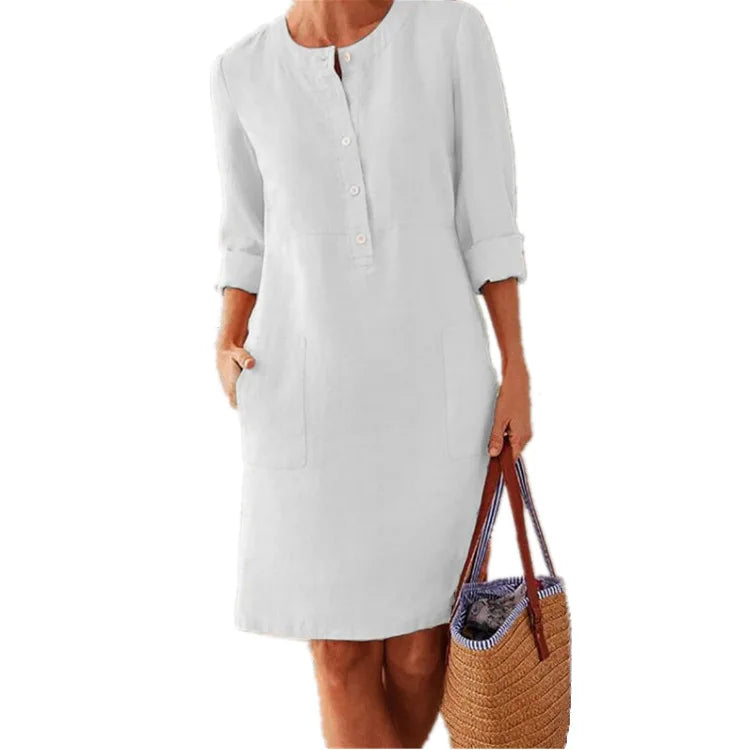 Robe Tunique à Col Mao, Larges Poches & Manches 3/4 Retroussées