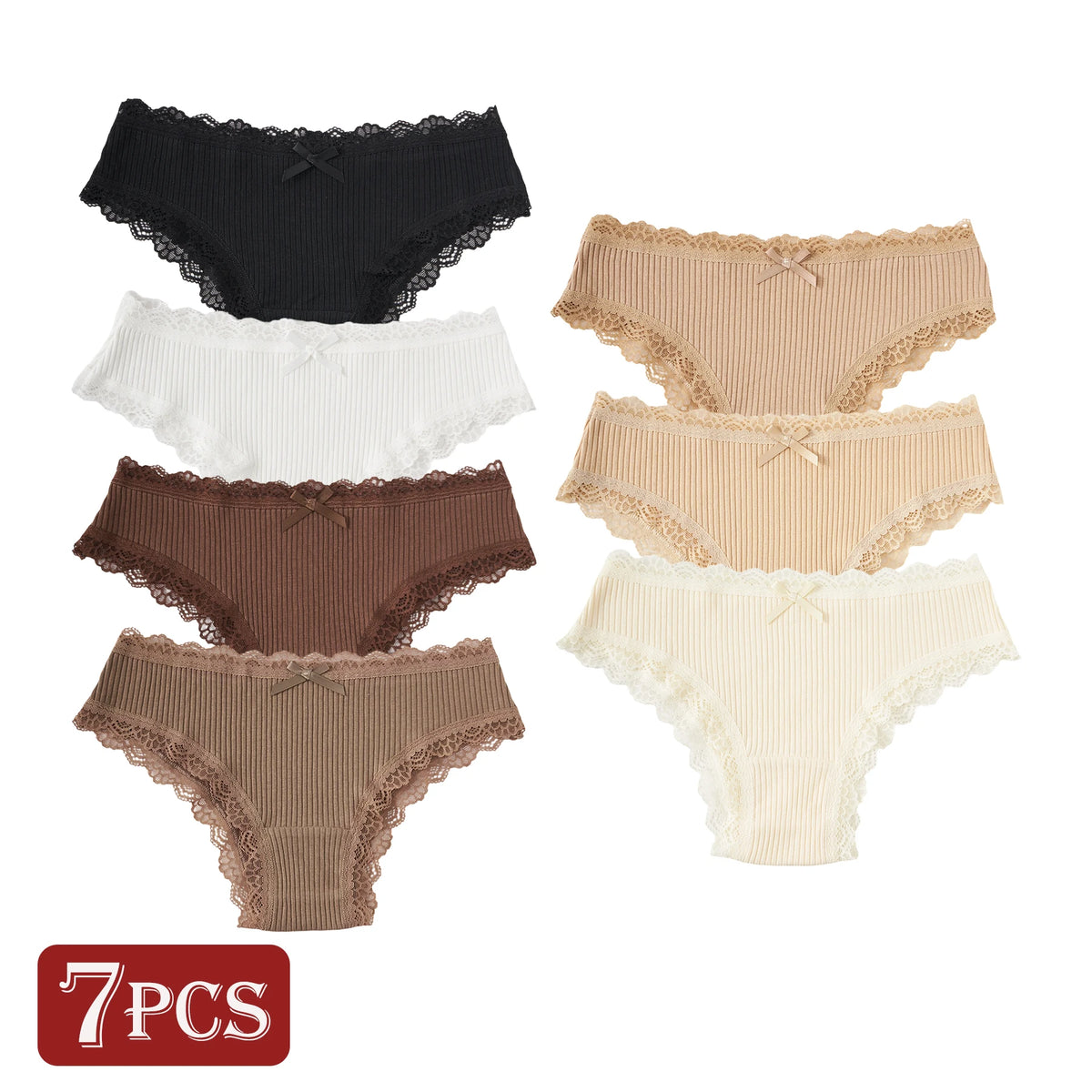 Lot de 7 Culottes Femme en Coton avec Dentelle – Respirantes, Douces & Confortables