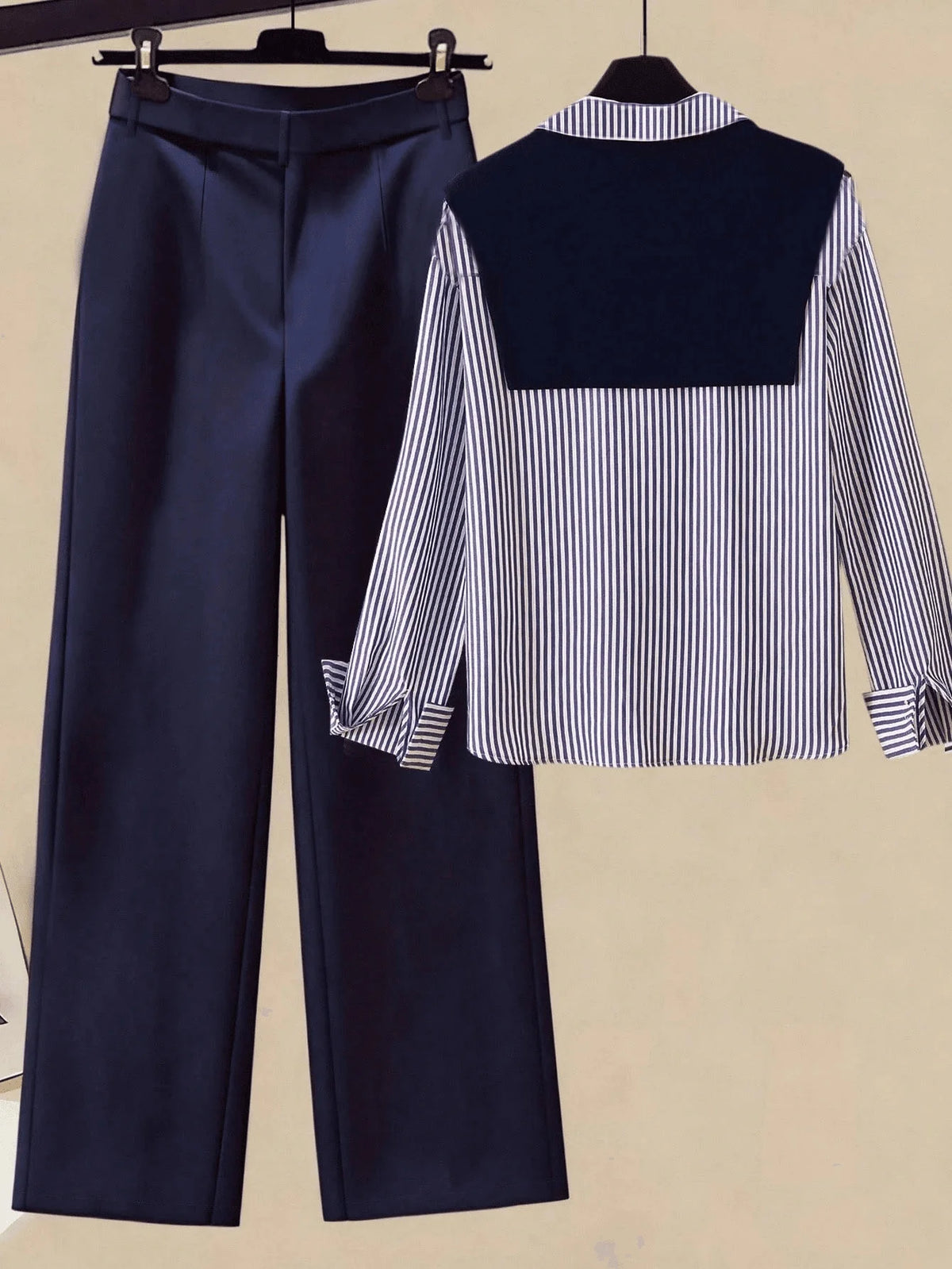 Ensemble Tailleur Femme 2PCS Casual Chic – Chemise Rayée avec Sur-Pull et Pantalon Large Taille Haute