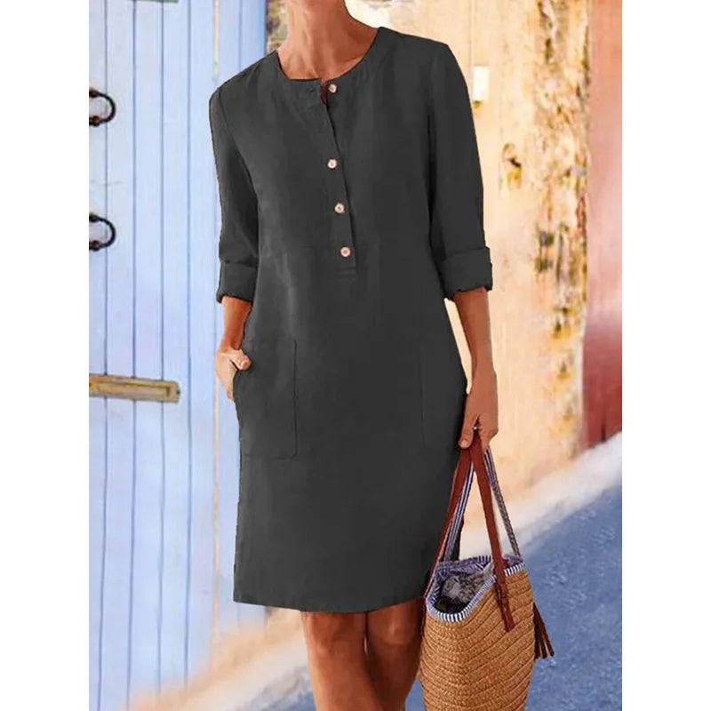 Robe Tunique à Col Mao, Larges Poches & Manches 3/4 Retroussées