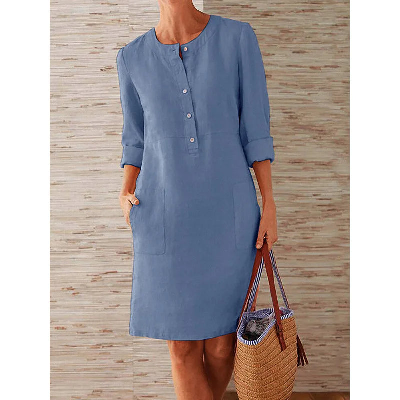Robe Tunique à Col Mao, Larges Poches & Manches 3/4 Retroussées