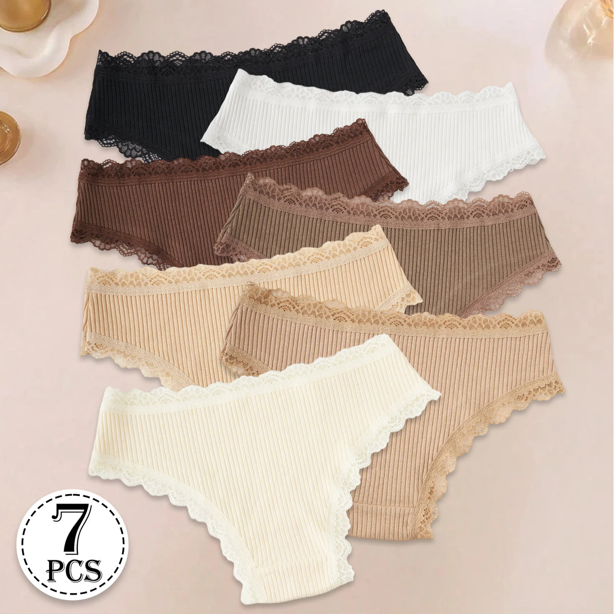 Lot de 7 Culottes Femme en Coton avec Dentelle – Respirantes, Douces & Confortables