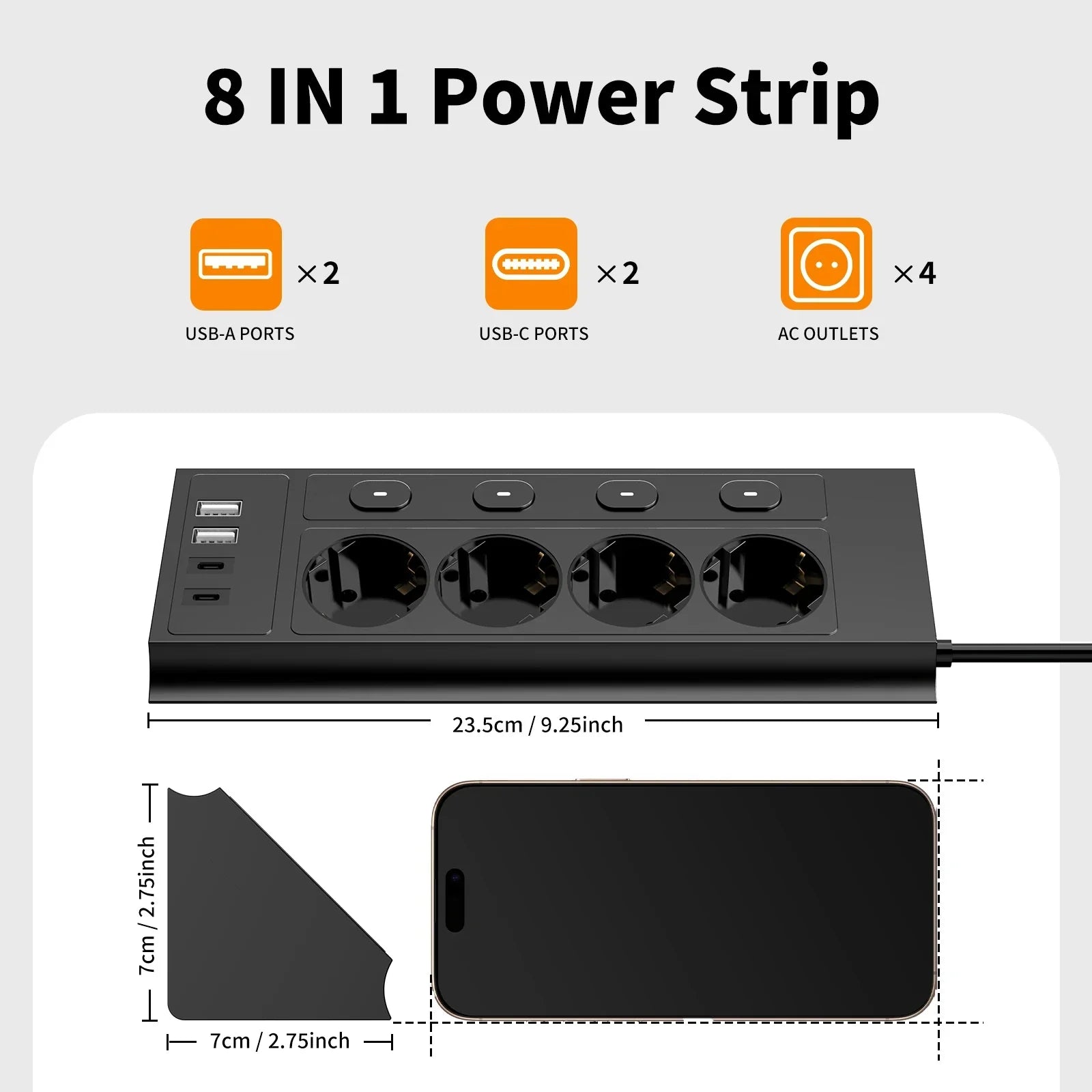 Multiprise d'Angles de Bureau avec Interrupteur de Contrôle - 4 Prises + 4 Ports