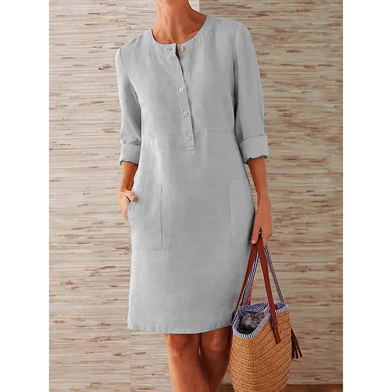 Robe Tunique à Col Mao, Larges Poches & Manches 3/4 Retroussées