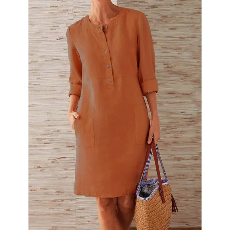 Robe Tunique à Col Mao, Larges Poches & Manches 3/4 Retroussées