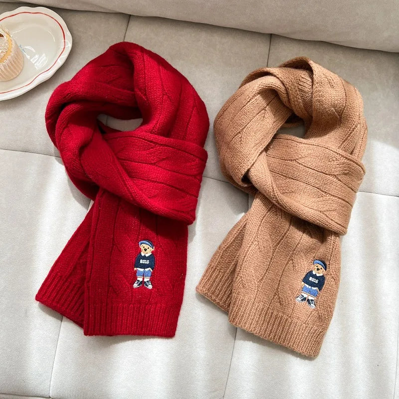 Écharpe 100% Laine Australienne – Tricot Torsadé Épais, Style Vintage avec Ours Brodé