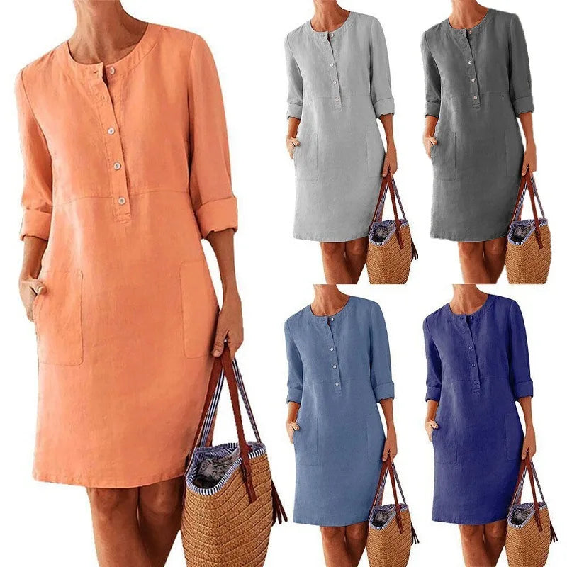 Robe Tunique à Col Mao, Larges Poches & Manches 3/4 Retroussées