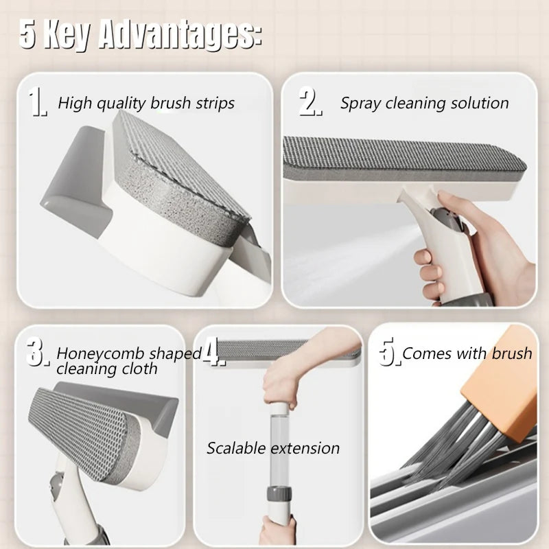 Nettoyeur 2 en 1 Extensible avec Réservoir et Pulvérisateur – Brosse et Raclette Double Face pour Vitres, Miroirs, Carrelage et Salle de Bain